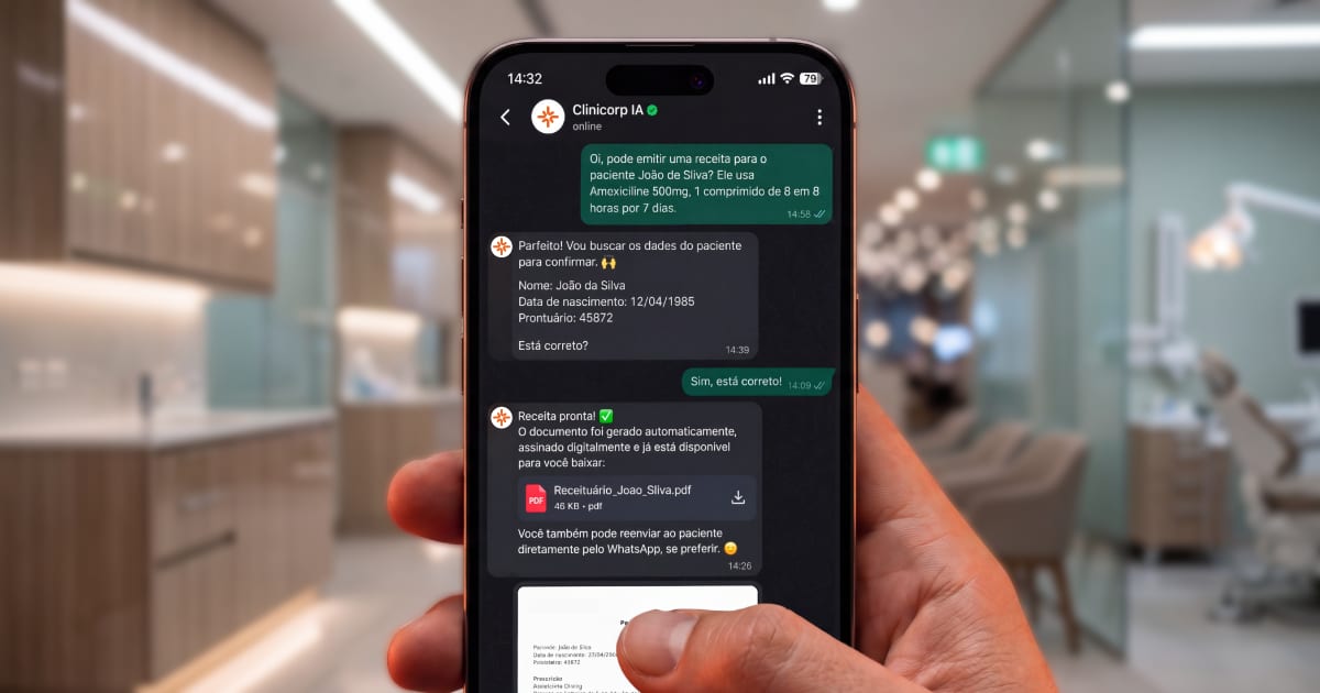 Receituário via WhatsApp, do Clinicorp, é o primeiro do Brasil a unir emissão pelo app, inteligência artificial e assinatura digital com validade jurídica.