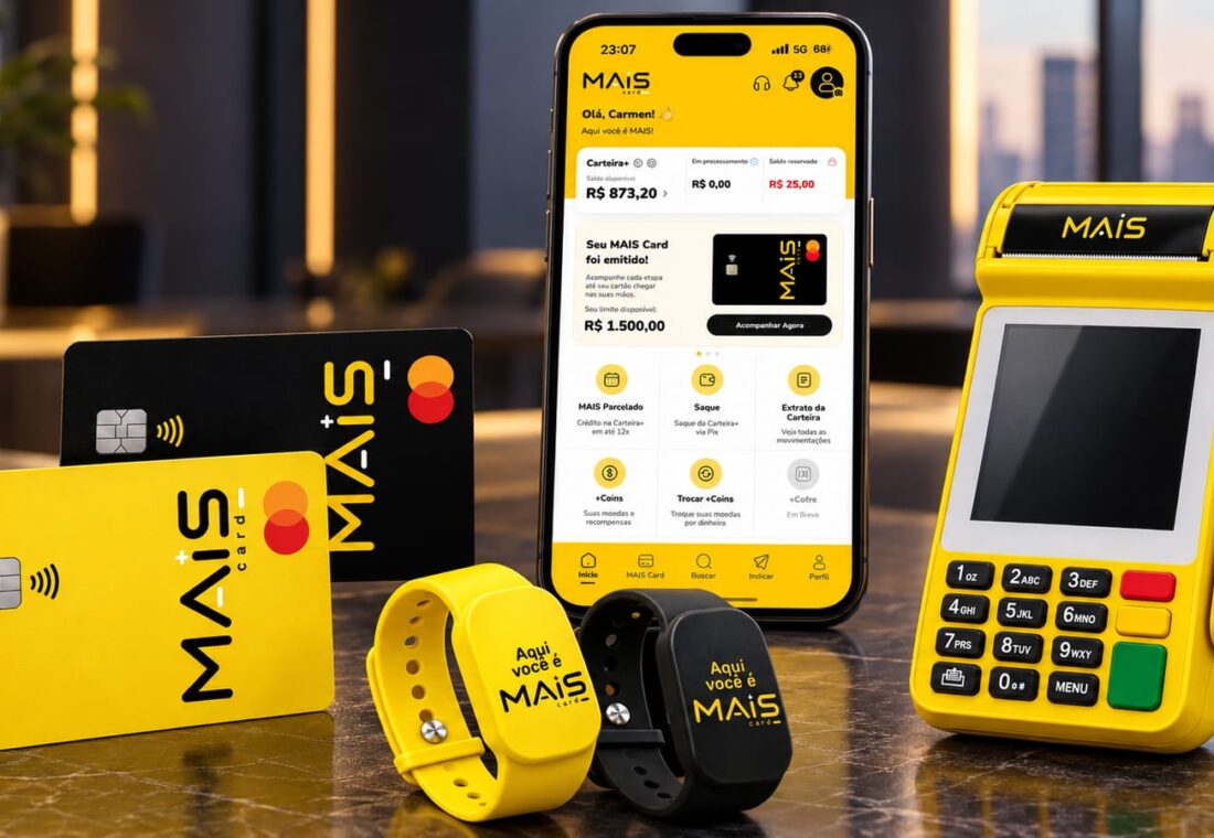 Ecossistema da MAIS Card reúne cartão de crédito, aplicativo, maquininha e pulseiras NFC em uma experiência financeira integrada.